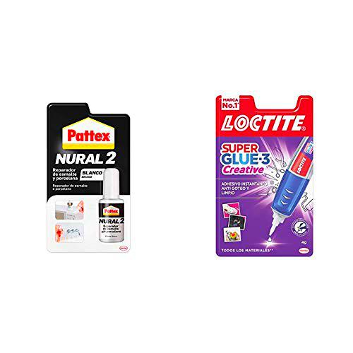 Pattex Nural 2 Reparador de esmalte y porcelana, esmalte permanente blanco para desconchados + Loctite Super Glue-3 Perfect Pen